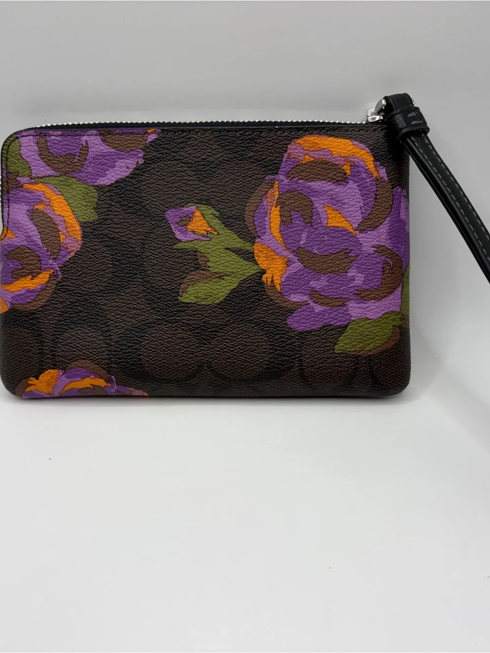COACH Brown Signature Floral Wristlet with Purple and Orange Accents with coach